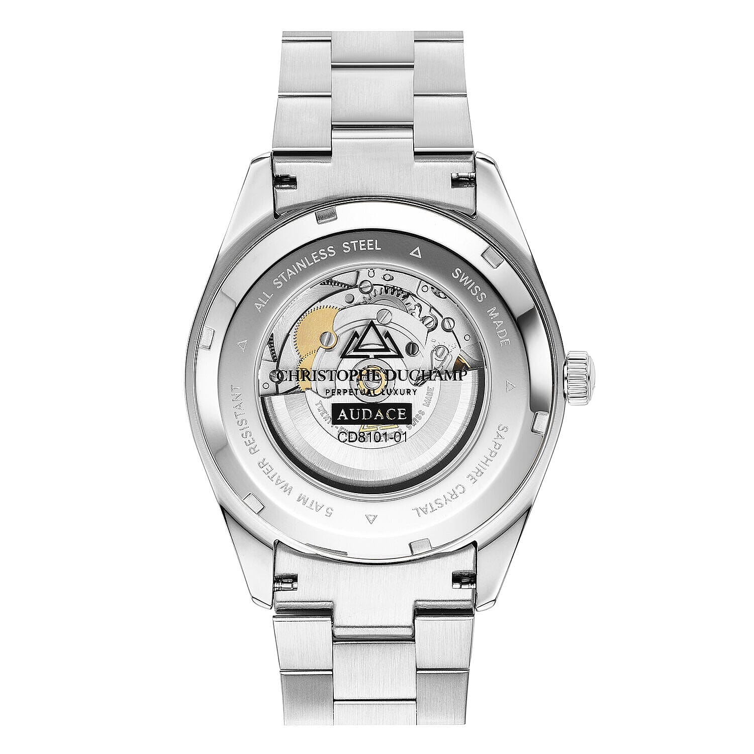 Stainless steel watch caseback showing automatic movement and engraved details