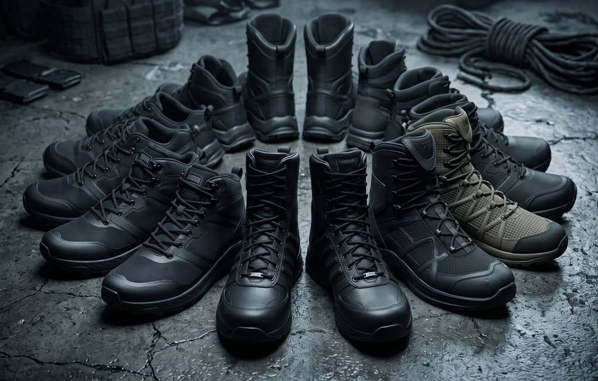 Colección de botas militares y de seguridad negras y grises sobre piso de concreto