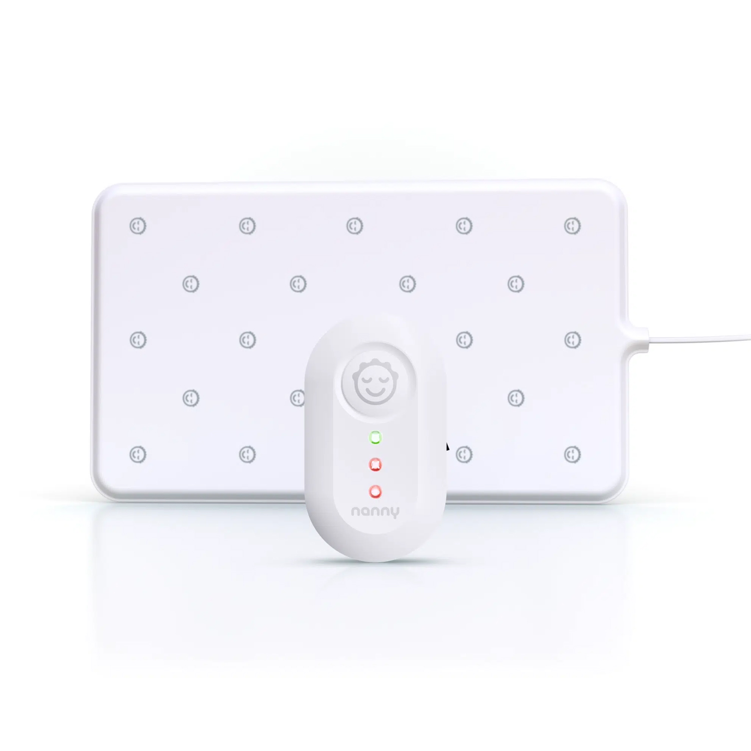 White baby monitor pad with control unit displaying temperature and status indicators