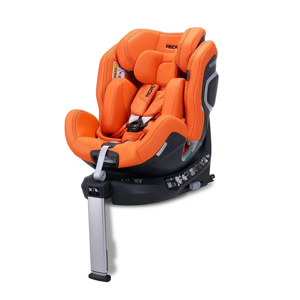 Orange and black child car seat with isofix base and side impact protection