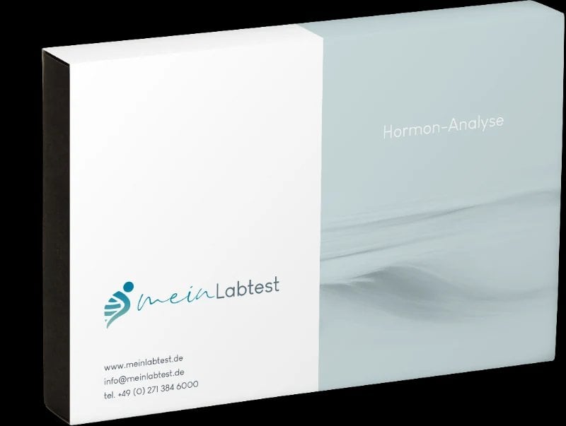 Verpackung Hormon-Analyse Kit hellblau weiß mit Meinlabtest Logo