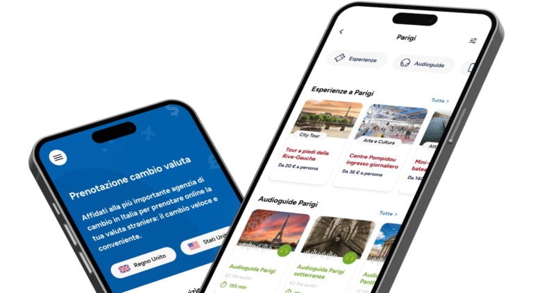 Smartphone mostrando app di viaggio con sezione esperienze a Parigi e guide audio turistiche disponibili