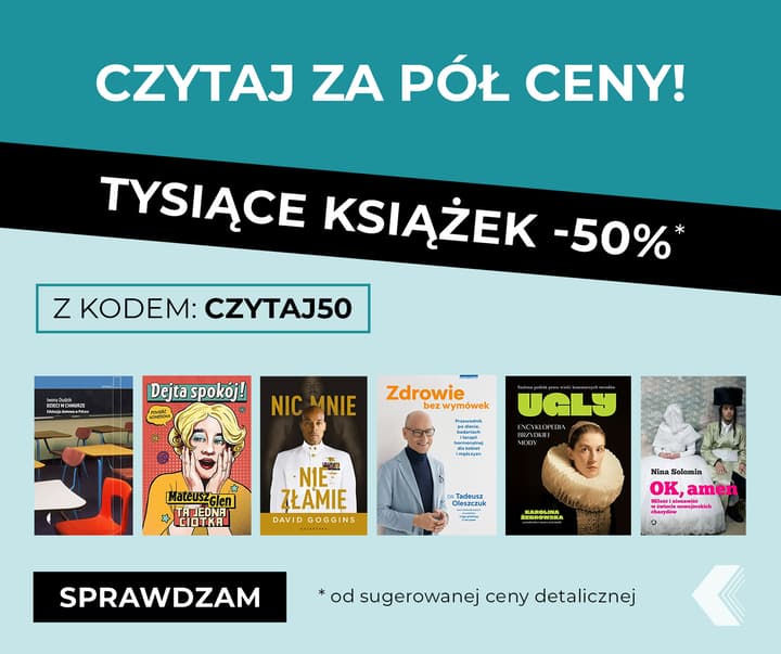 Plakat promocyjny z ofertą 50% rabatu na tysiące książek z kodem CZYTAJ50