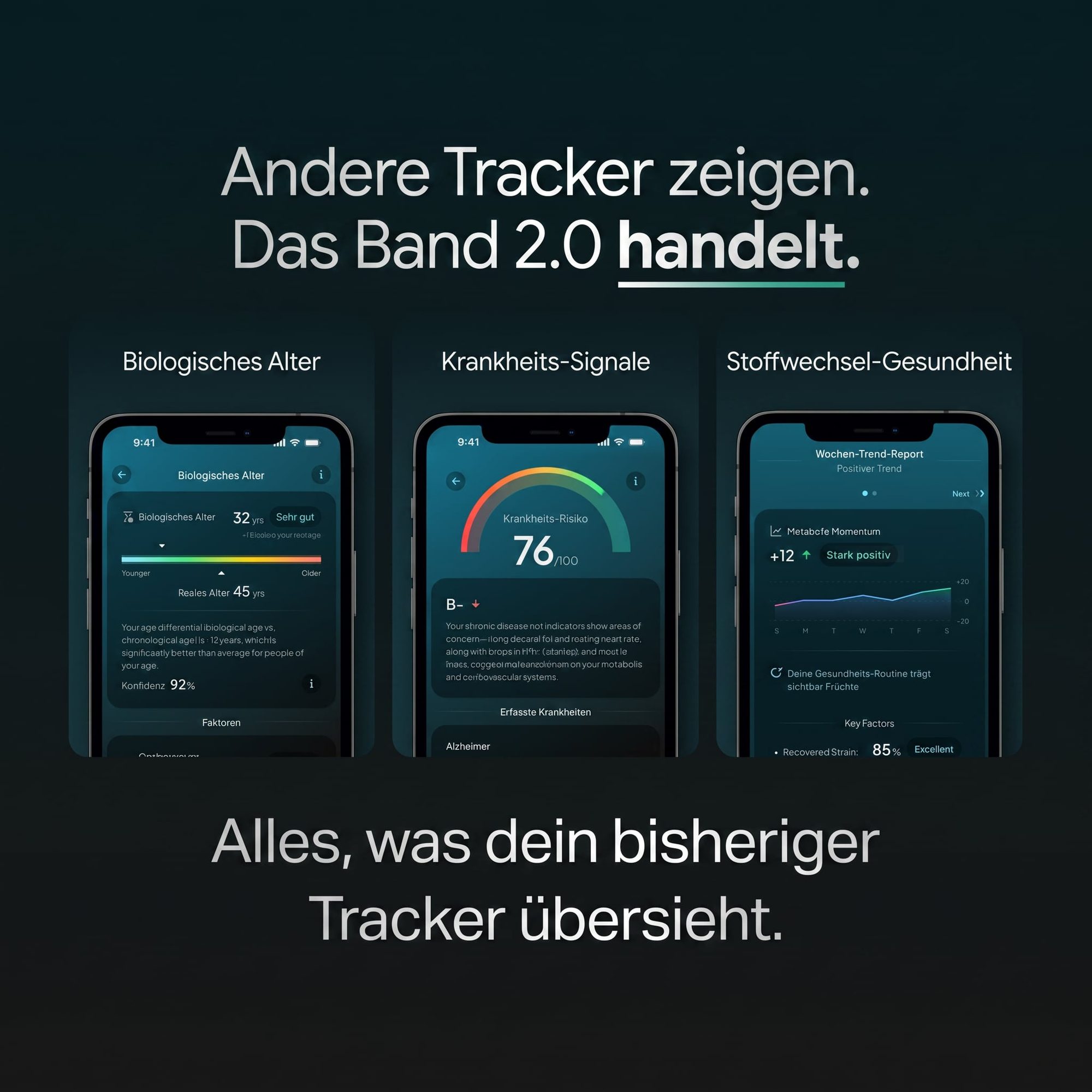 Drei Smartphone-Bildschirme zeigen Features: biologisches Alter, Krankheits-Signale und Stoffwechsel-Gesundheit mit Datenvisualisierungen