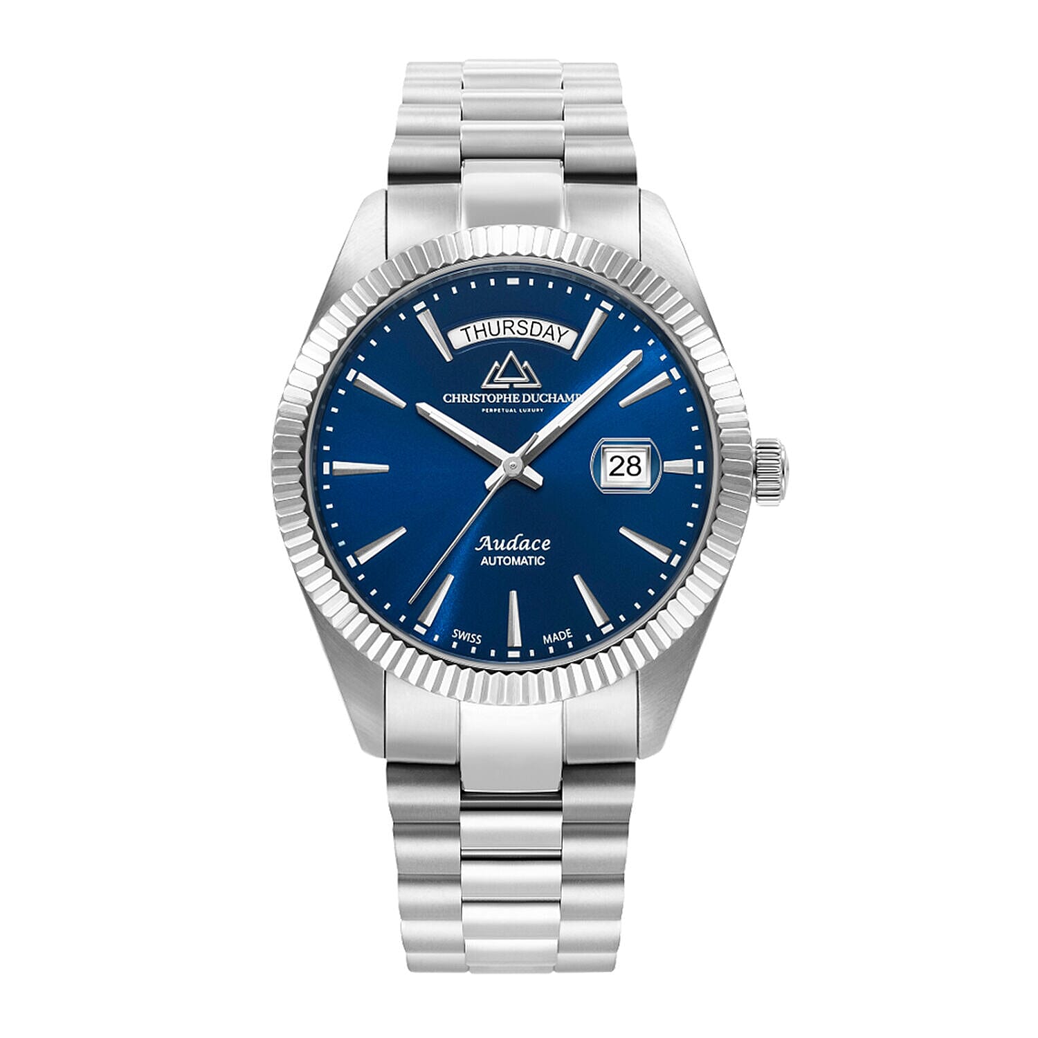 Silver stainless steel watch with blue dial, day-date window, and fluted bezel