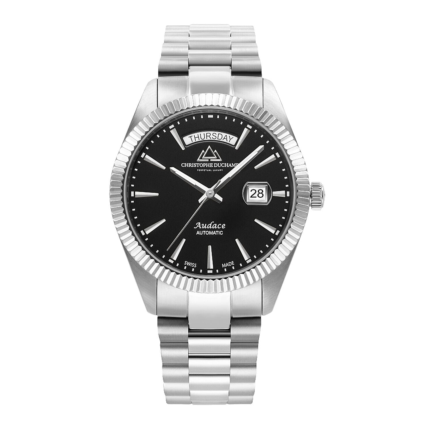 Silver stainless steel watch with black dial, day-date window, and fluted bezel