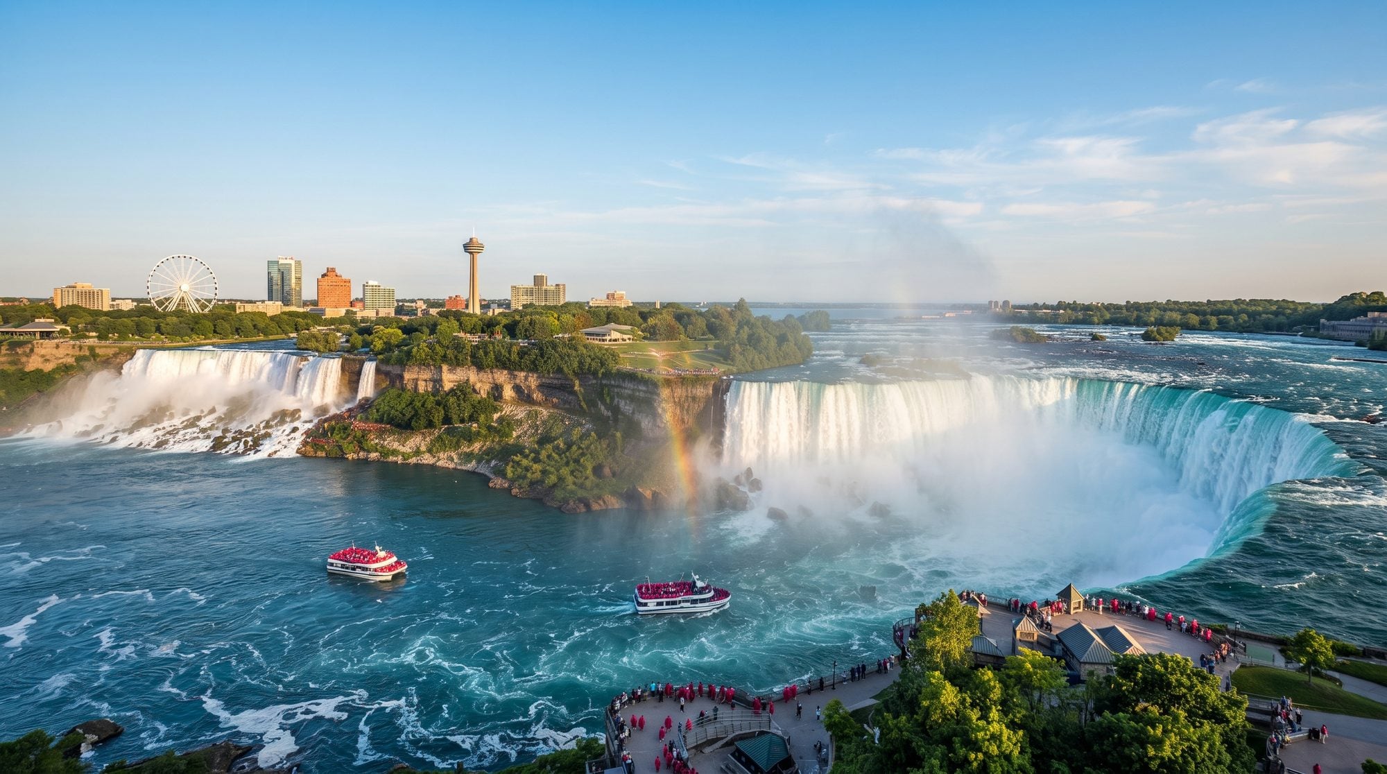 Cascate del Niagara con città di Niagara Falls sullo sfondo, tour boat rossi sul fiume e arcobaleno nella nebbia