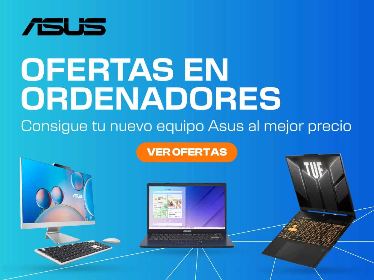 Asus logo con texto ofertas en ordenadores y botón ver ofertas, monitor, laptop y teclado