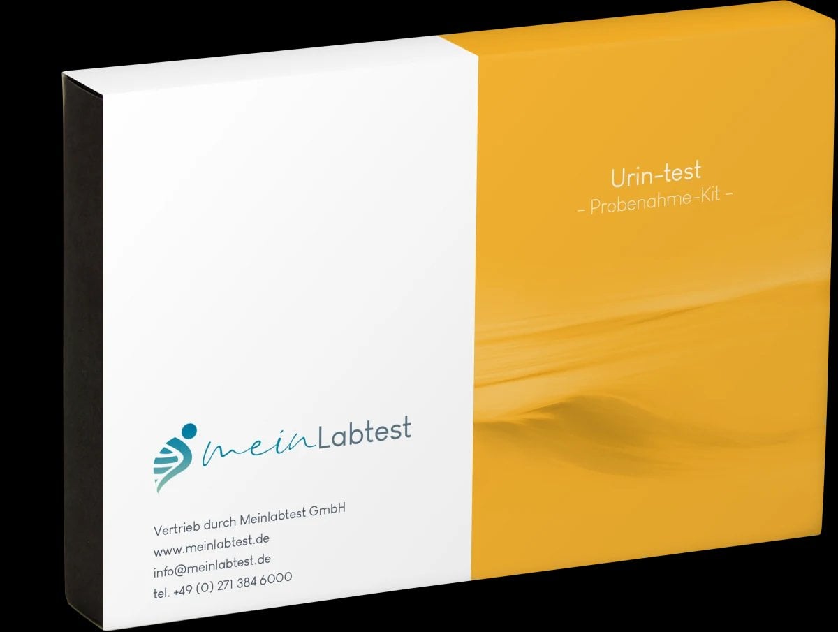 Verpackung Urin-Test Kit gelb weiß mit Meinlabtest Logo und Kontaktdaten
