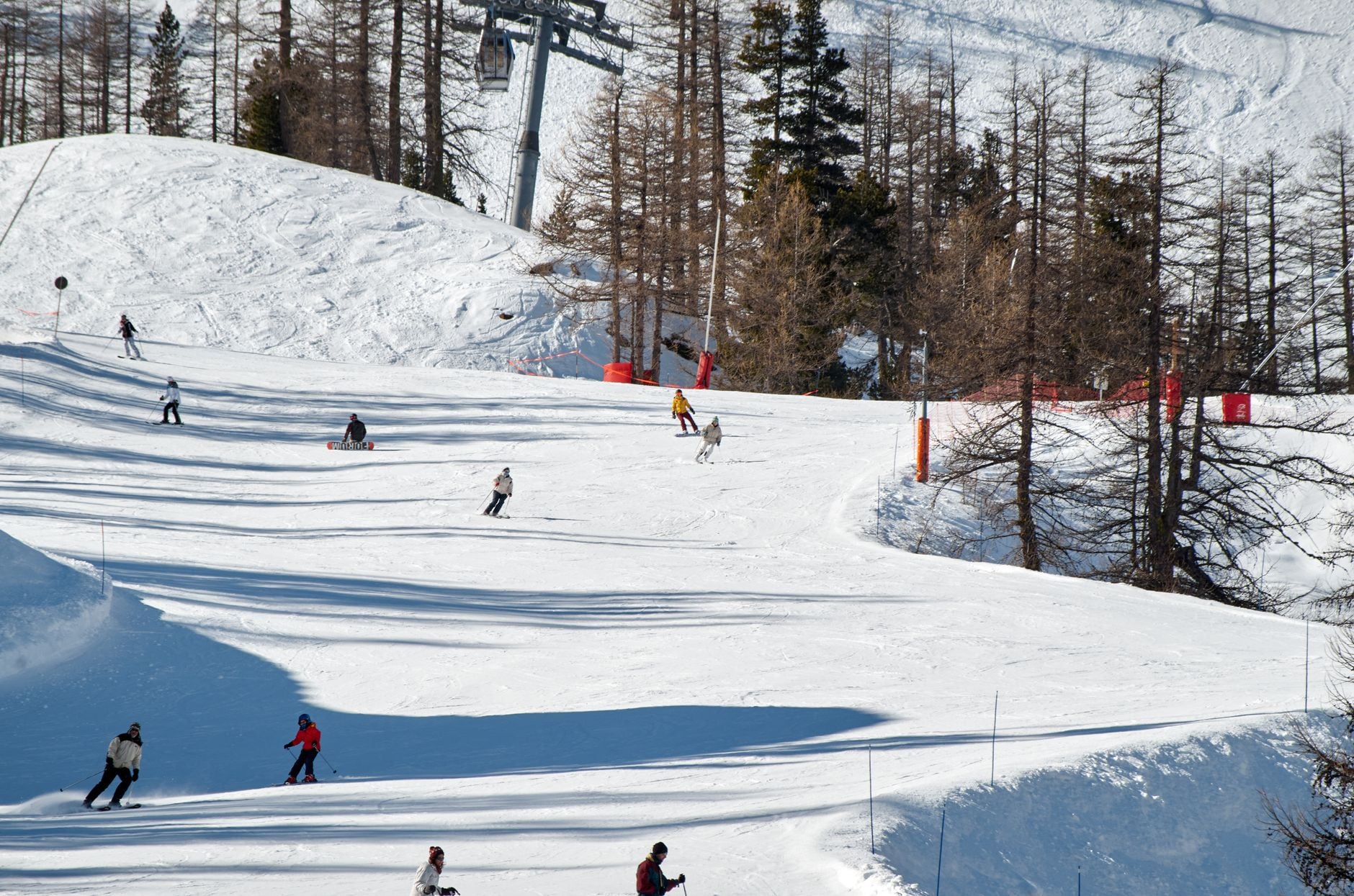 Skieurs de tous niveaux descendant une piste de ski enneigée avec remontée mécanique et forêt de mélèzes en arrière-plan.