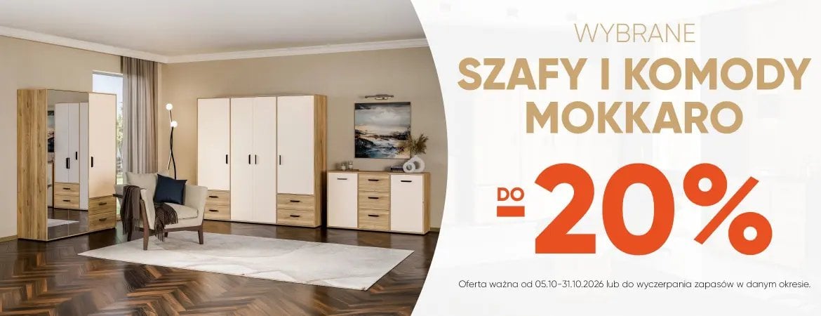 Nowoczesna sypialnia z białymi szafami i drewnianymi elementami, promocja szaf i komod Mokkaro do -20%