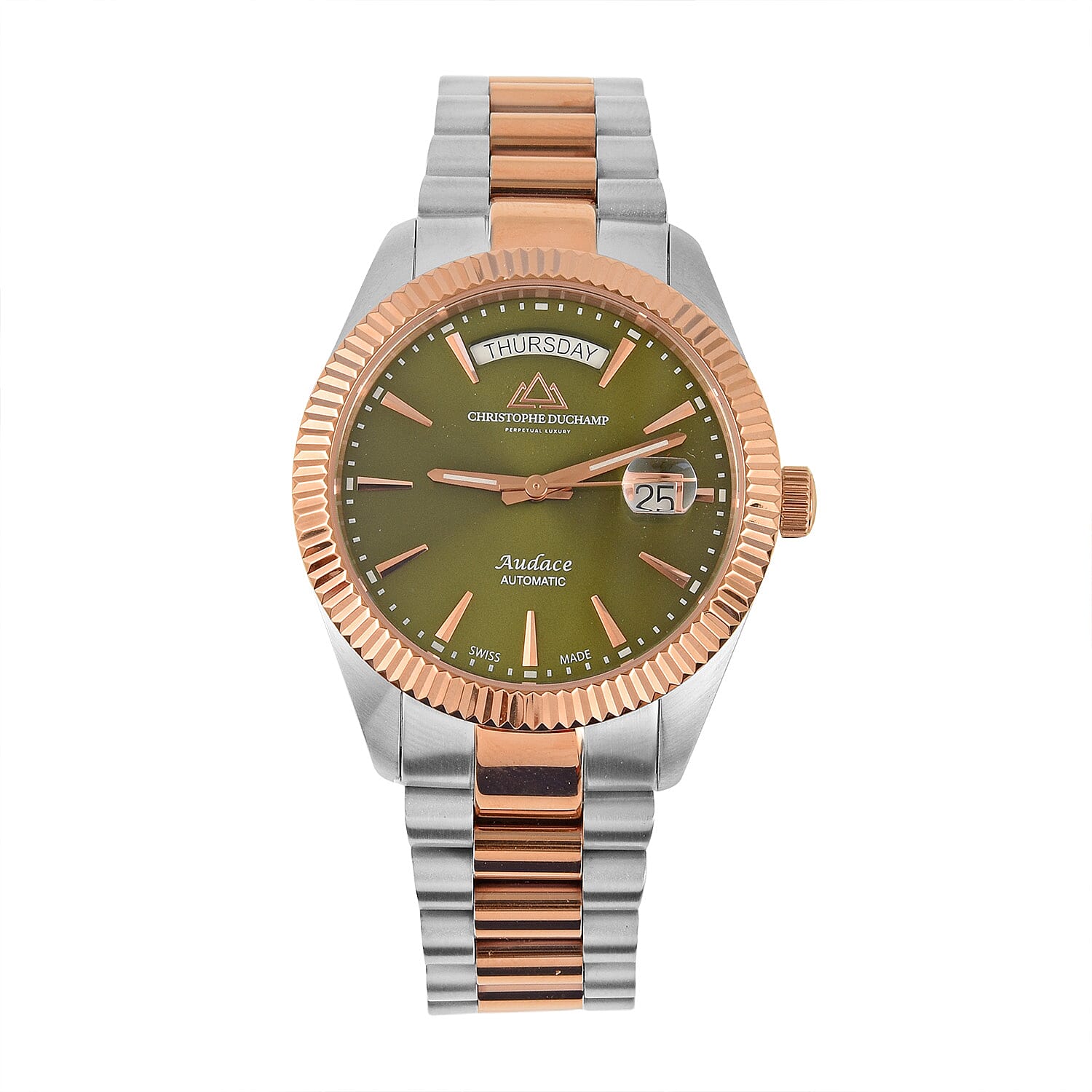 Two-tone silver and rose gold watch with olive green dial and date window