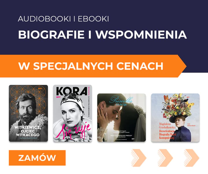 Plakat promocyjny audiobooków i ebooków biografii i wspomnień w specjalnych cenach z przyciskiem zamów