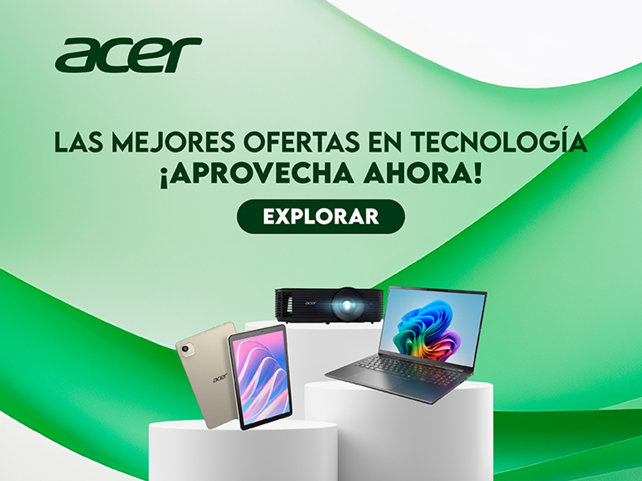 Acer logo con texto las mejores ofertas en tecnología y botón explorar, tablet, proyector y laptop