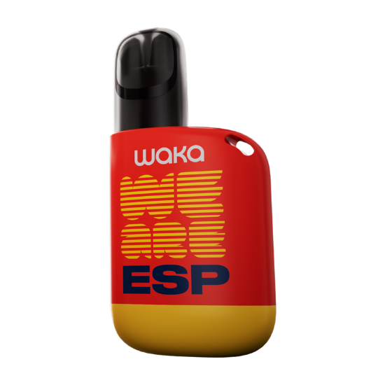 Dispositivo vapeador rojo y dorado con diseño de bandera española y texto WAKA ESP