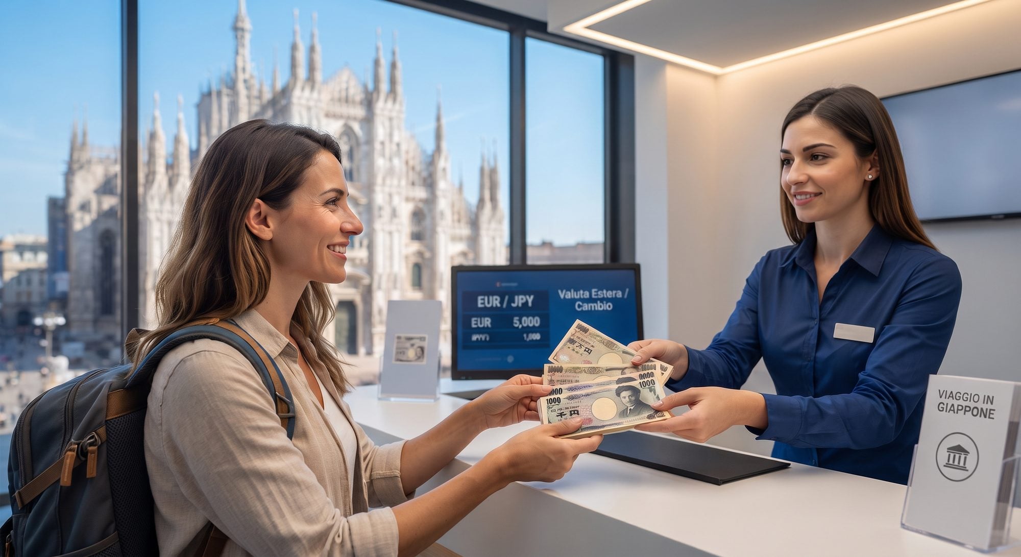 Donna che scambia banconote giapponesi con operatrice in ufficio moderno con vista su Duomo di Milano dal finestrino