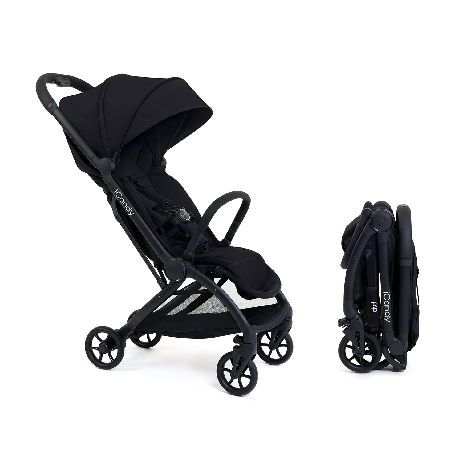 Black compact stroller shown in expanded and folded positions