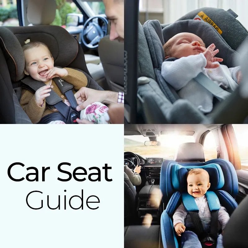 Collage showing babies and toddlers safely secured in various car seats
