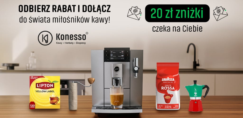 Ekspres Konesso, paczka kawy Lavazza Rossa, herbata Lipton i moka pot na kuchennym blacie z promocją