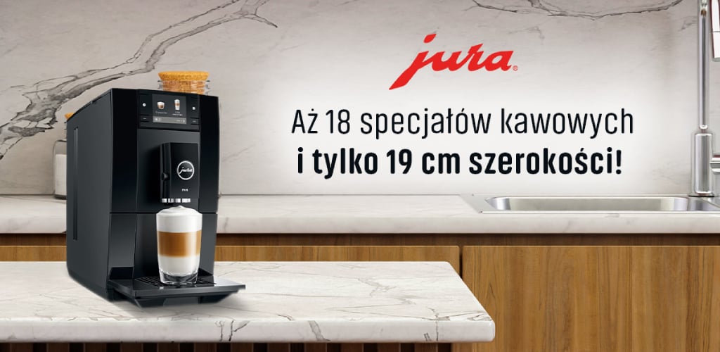Czarna ekspres do kawy Jura z filiżanką kawy na marmurowym blacie kuchennym