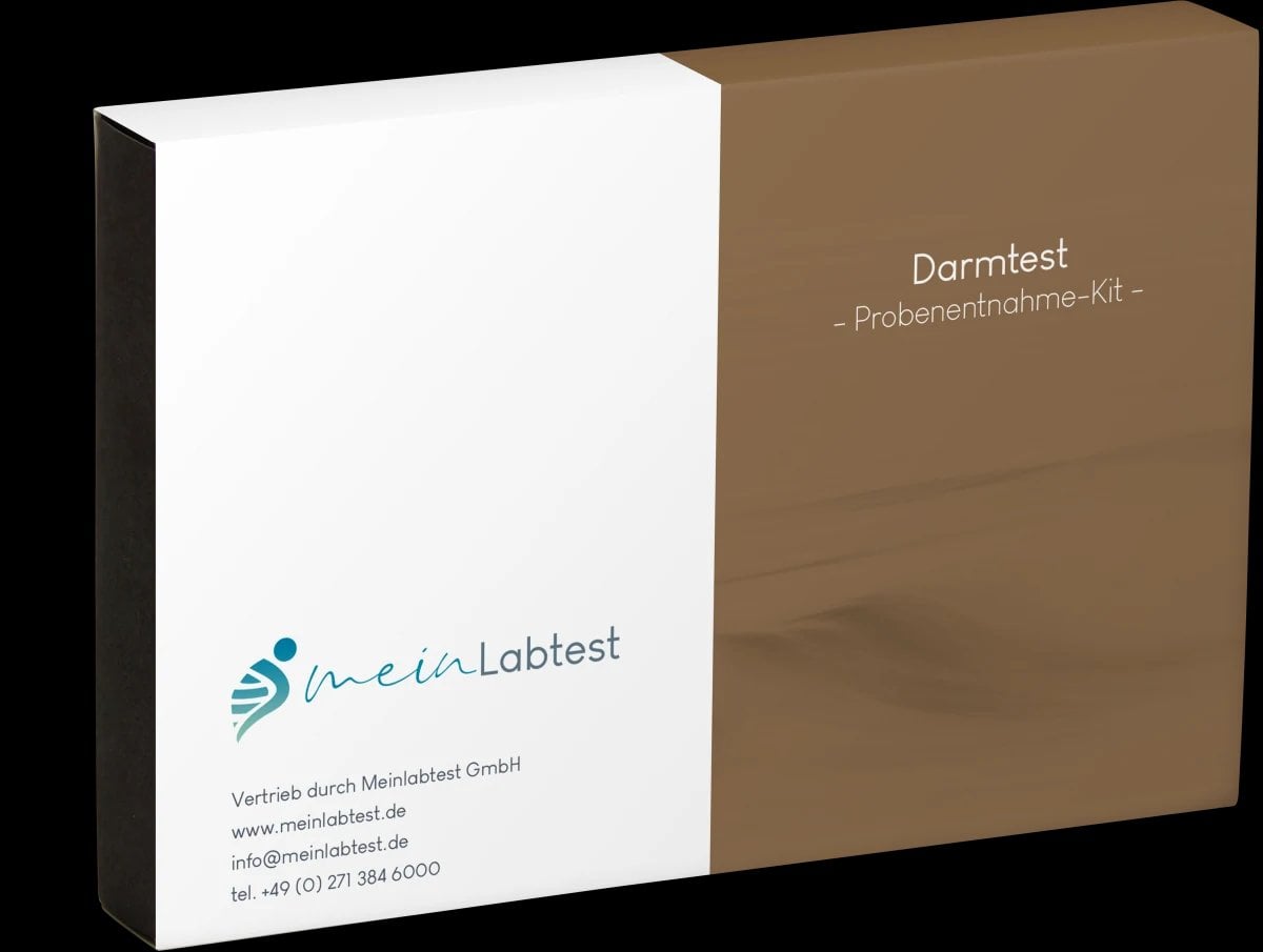 Verpackung Darmtest-Kit braun weiß mit Meinlabtest Logo und Kontaktdaten