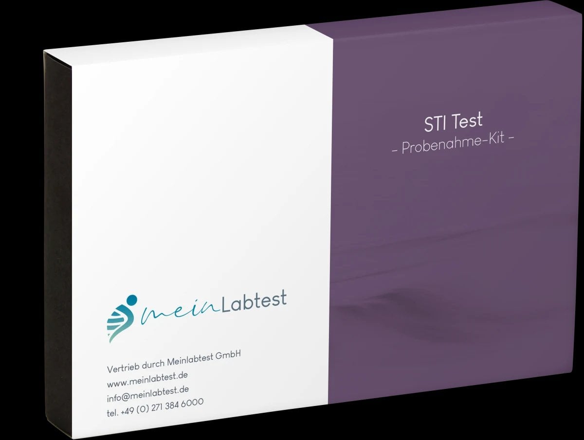 Verpackung STI Test-Kit lila weiß mit Meinlabtest Logo und Kontaktdaten